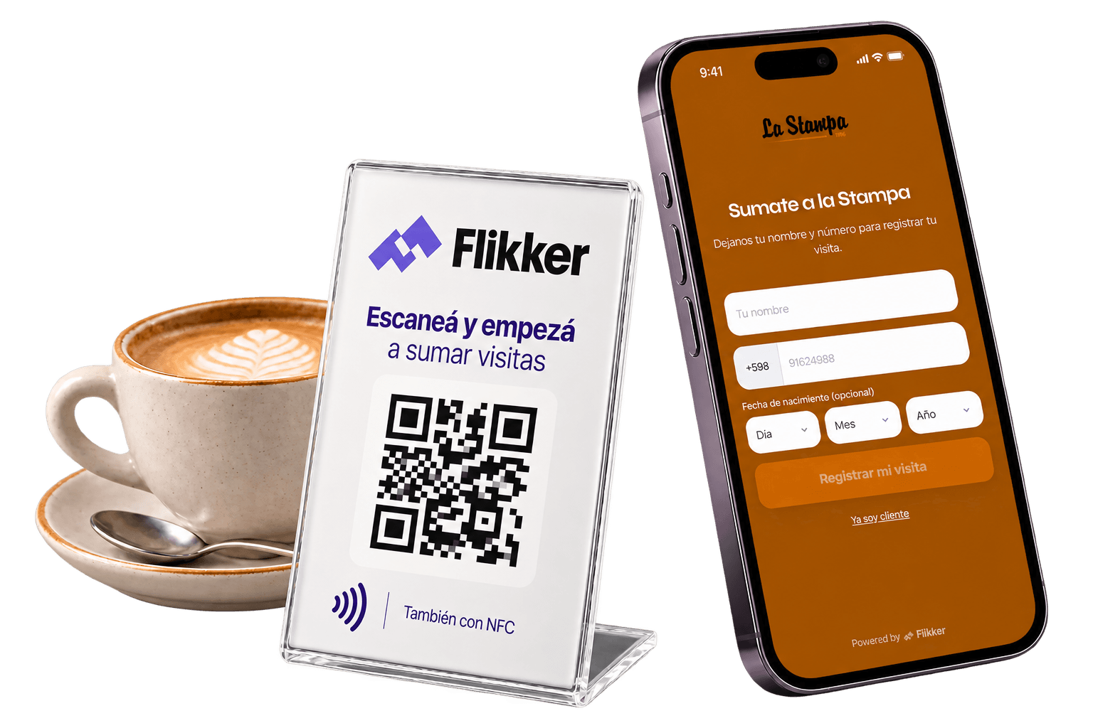Teléfono, cappuccino y exhibidor Flikker con código QR sobre fondo negro